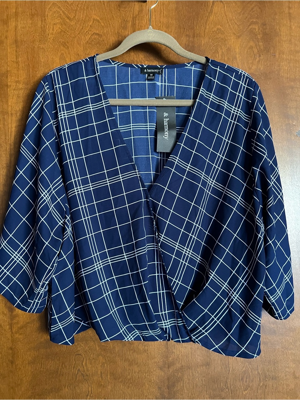 & Harmony Navy Plaid Wrap Blouse